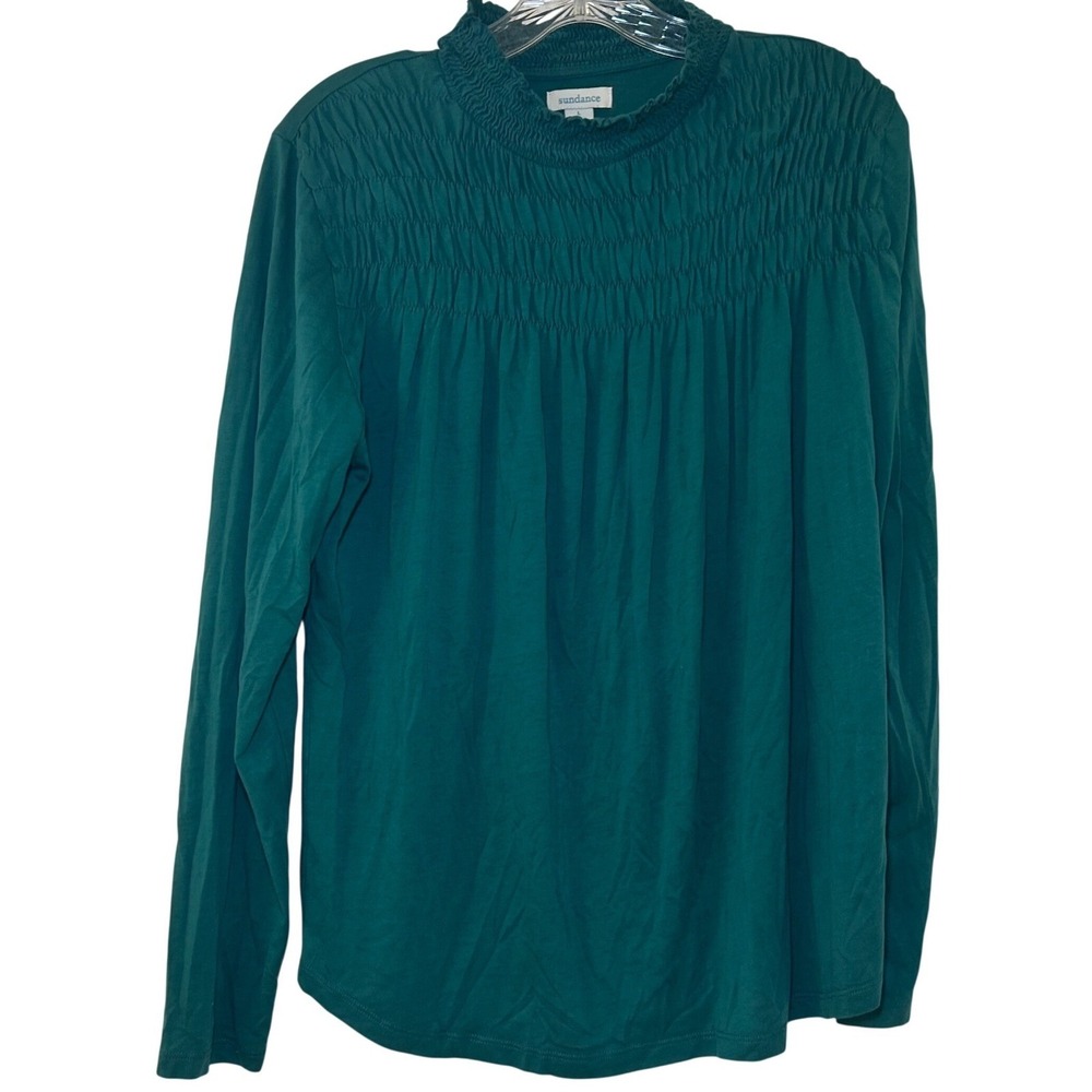 Sundance Womens Teal Green Smocked Mock Neck Long Sleeve Top Large boho holiday